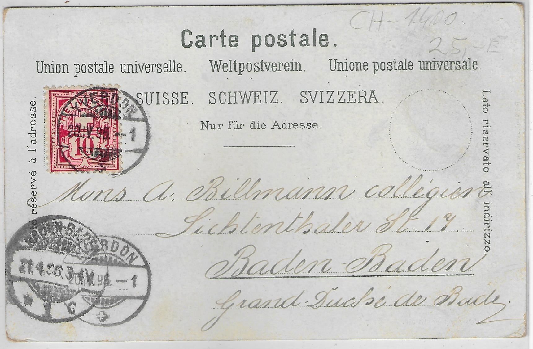 Cartoline postali: Souvenir de Yverdon - Litho 1896 – Usato da Ettingen venduto da Kartenplanet 1
