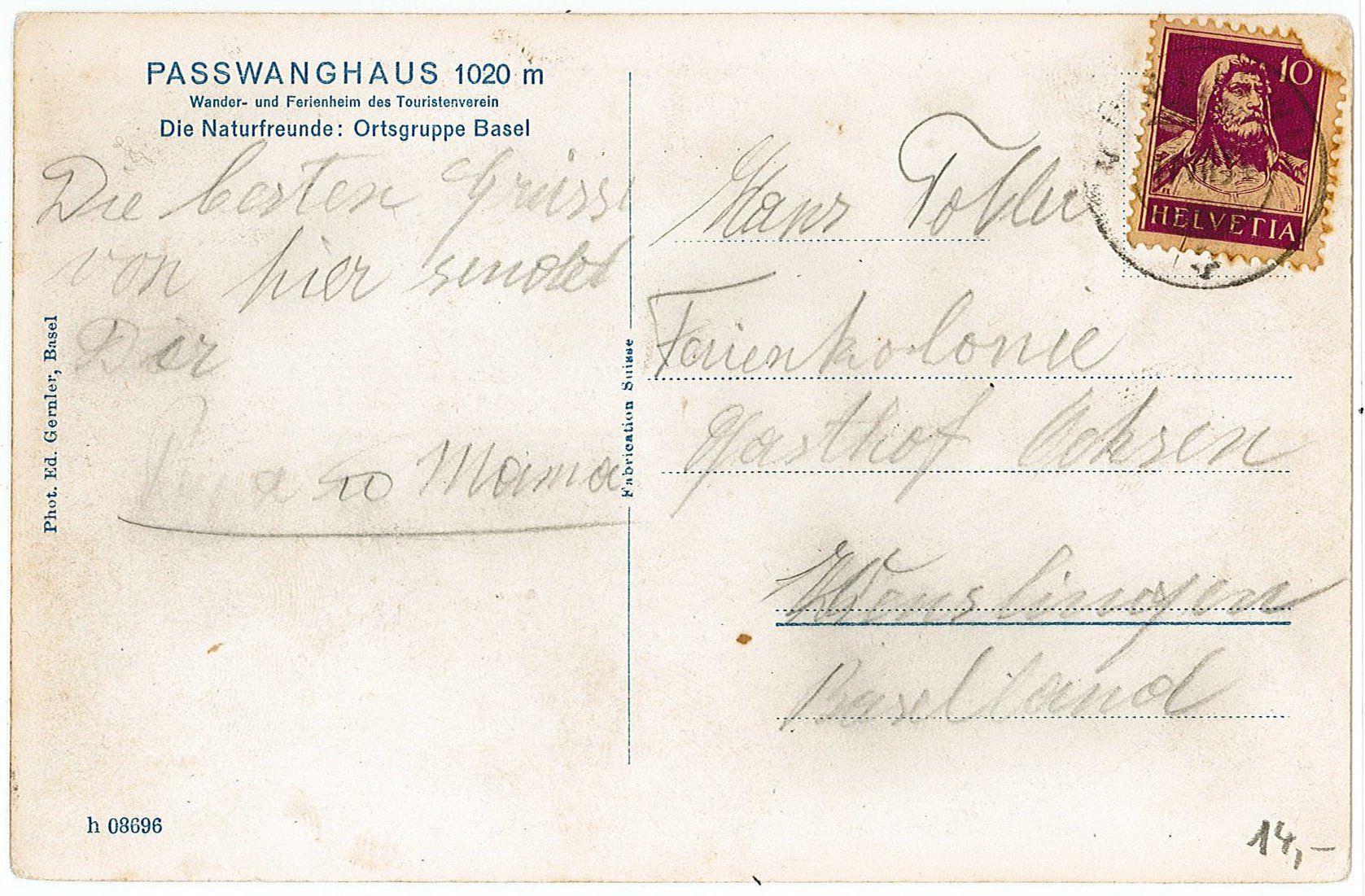 Cartoline postali: SO 77 PASSWANGHAUS Naturfreunde 1931 – Usato da Fribourg venduto da philafri 1