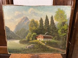 Tableau peinture à l'huile paysage montagne et chalet 58