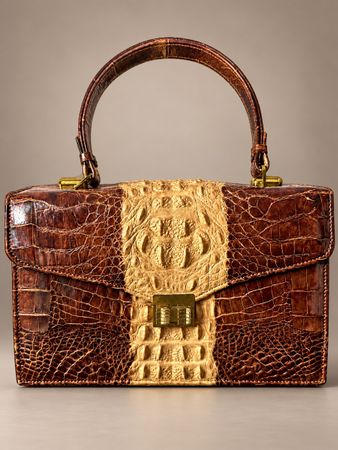 Vintage Handtasche ca. 1960er Kroko Braun Beige Gold