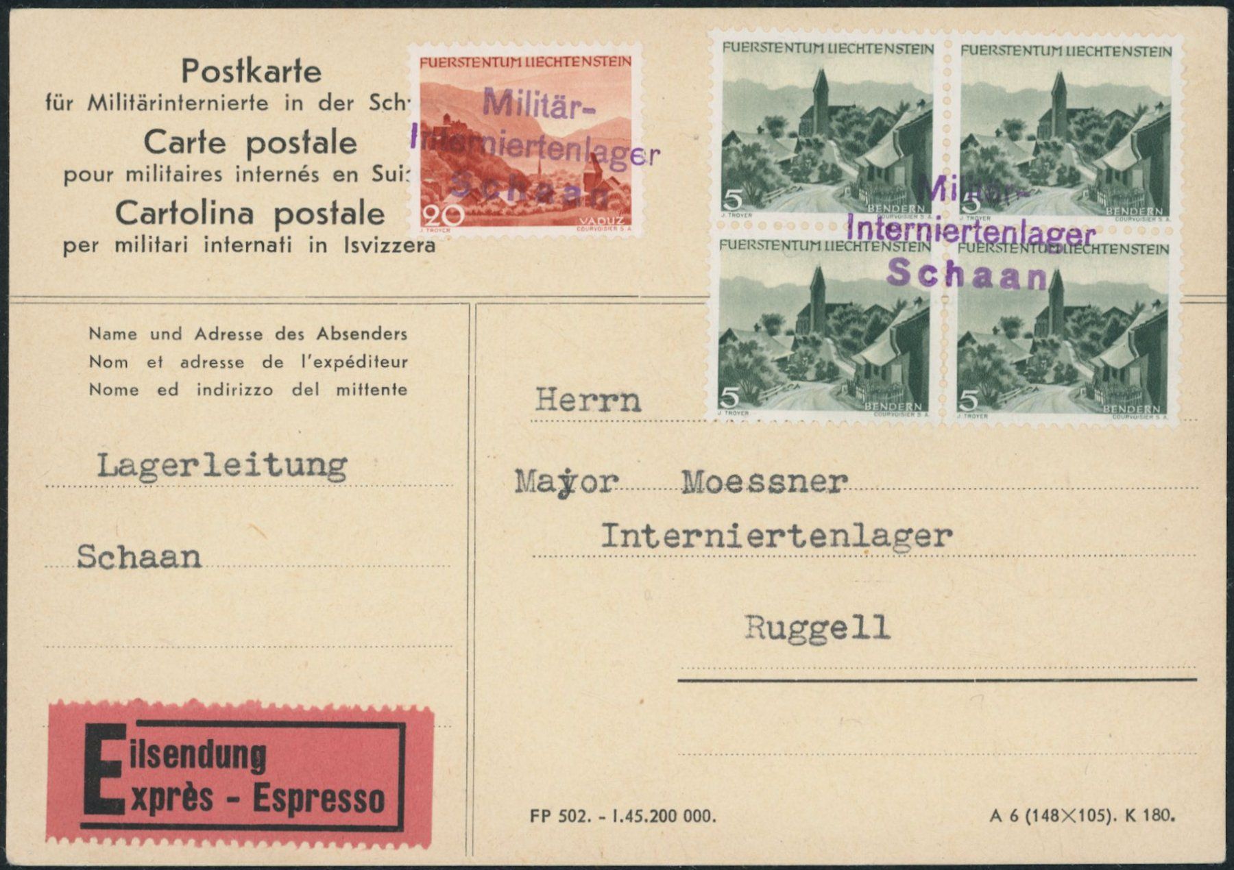 Tutti i francobolli: FL - 1946 - Schaan · Internierten - Postkarte – Usato da Schindellegi venduto da leecollect
