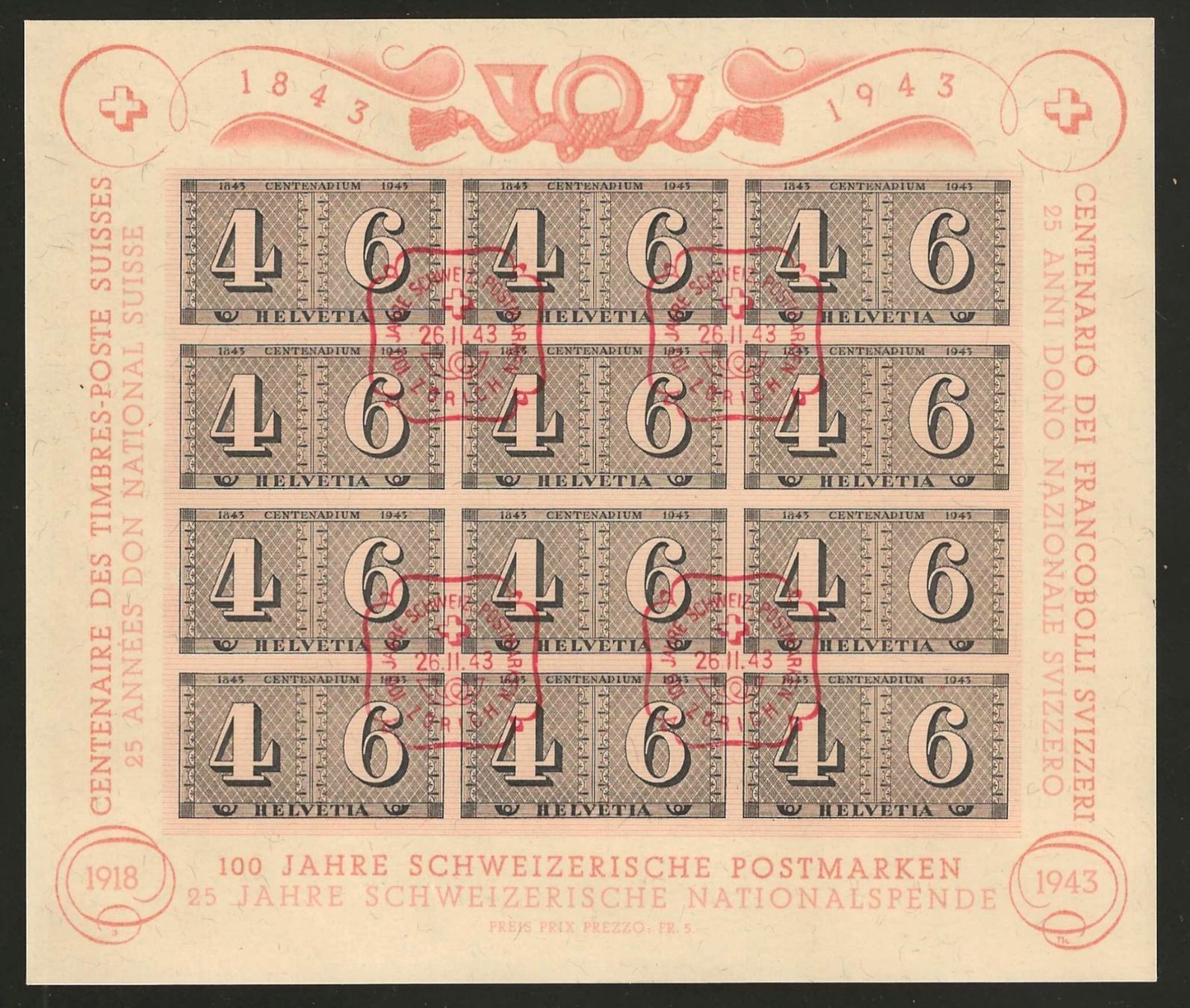 Tutti i francobolli: 1943 : Luxusblatt W16 mit Ersttag Stempel – Usato da Gümligen venduto da Geniusbuy