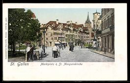 Goldfenster-AK St. Gallen, Marktplatz & St. Mangernkirche