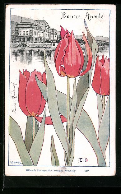 Ansichtskarten: Neuchatel, Uferpartie mit Tulpen, Neujah – Gebraucht aus Berlin von bartko-reher