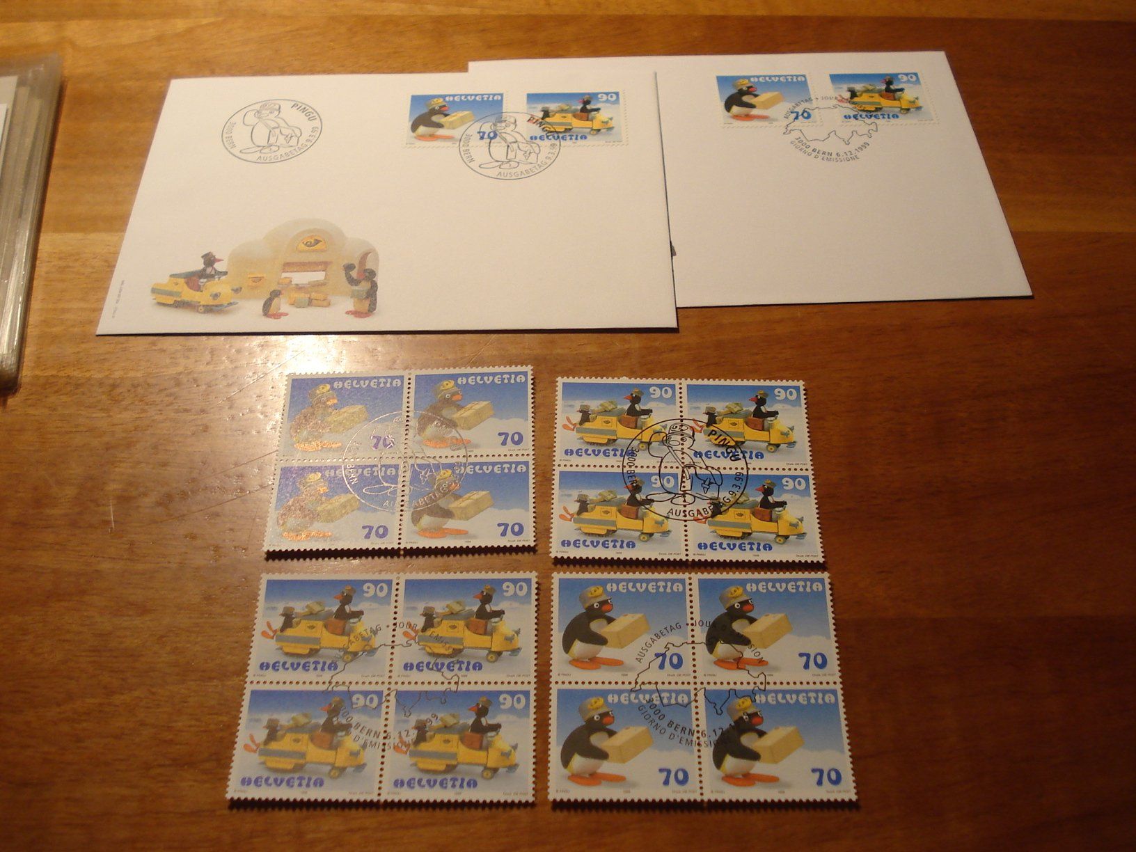 Tutti i francobolli: Satz Pingu mit + ohne Schnur 1999, 2 FDC + 4ererblock ET-o – Usato da Niederwil AG venduto da morostahu 1