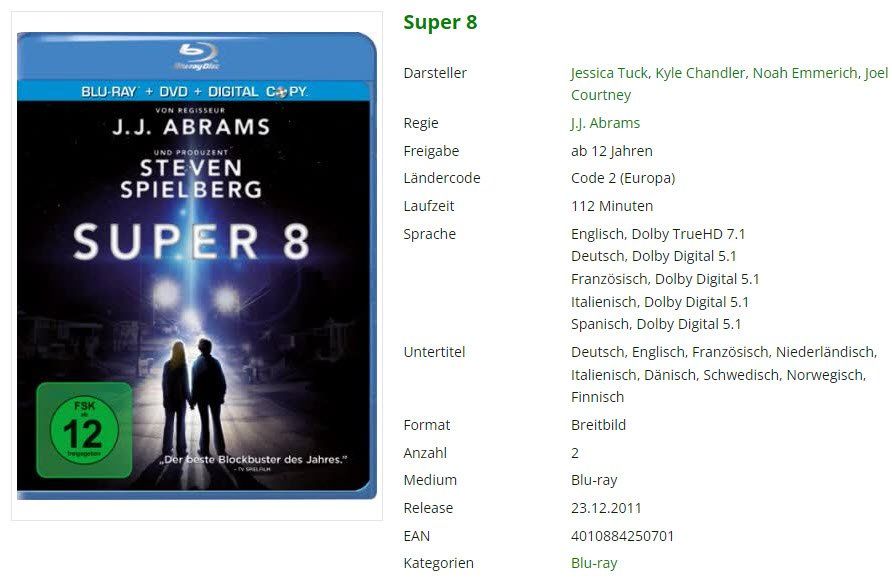Tutti i DVDs: Super 8 (Bluray + DVD) – Usato da Emmetten venduto da SVollenweider