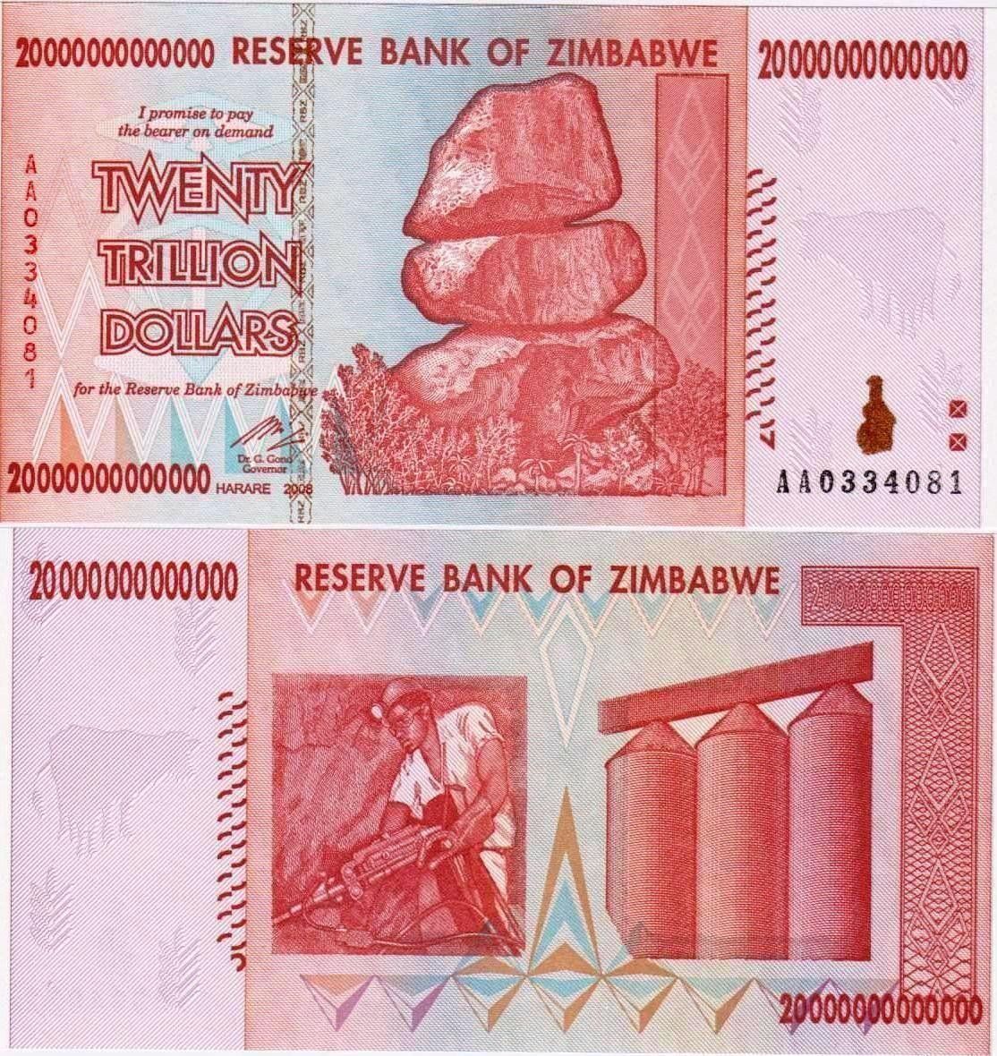 Billets de banque: ZIMBABWE  20 TRILLIONS 2008 (UNC) RARE – Neuf (Voir description) à Sonceboz-Sombeval par Simuncons