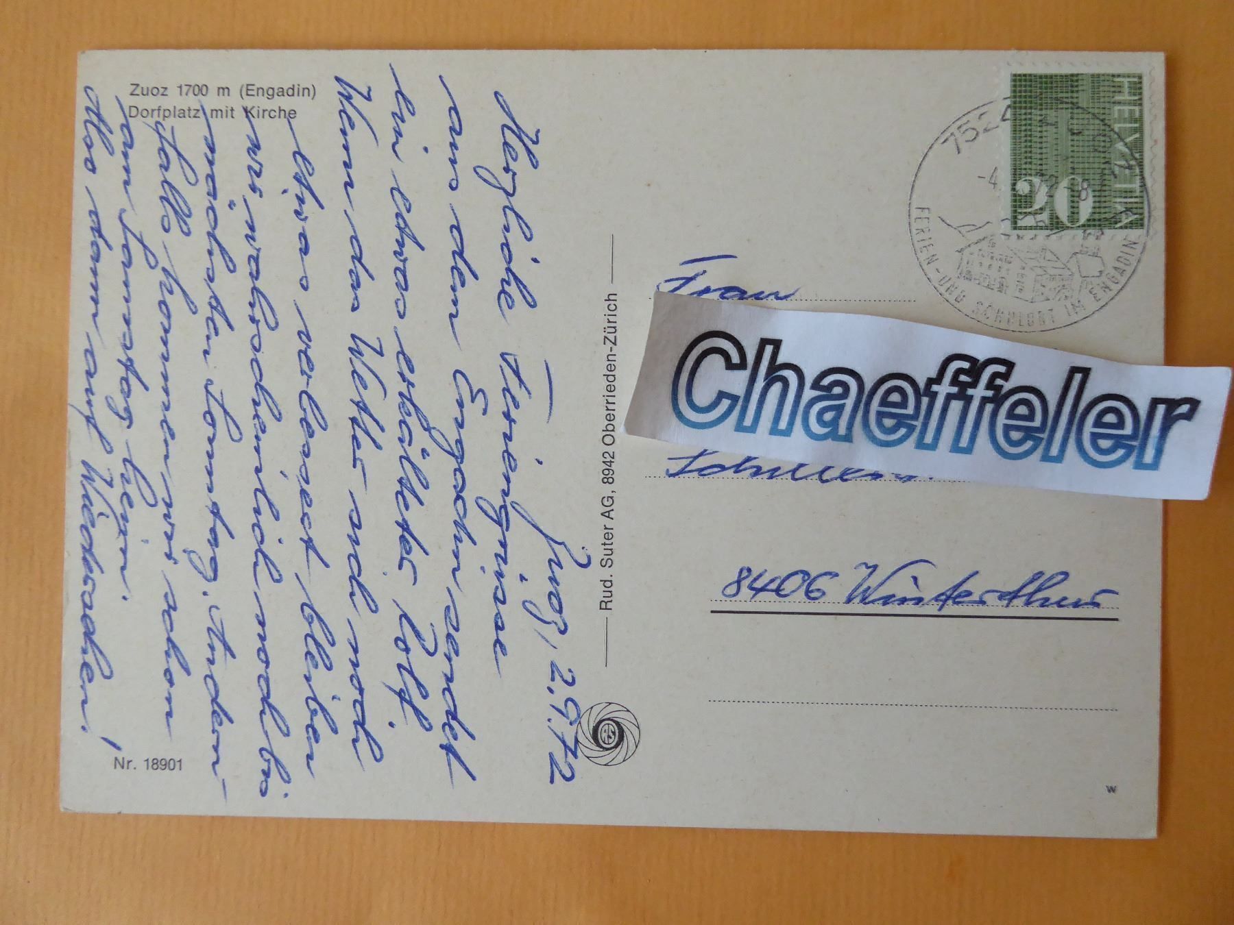 Cartoline postali: 1975 Zuoz Engadin – Usato da Zürich venduto da Chaeffeler 1