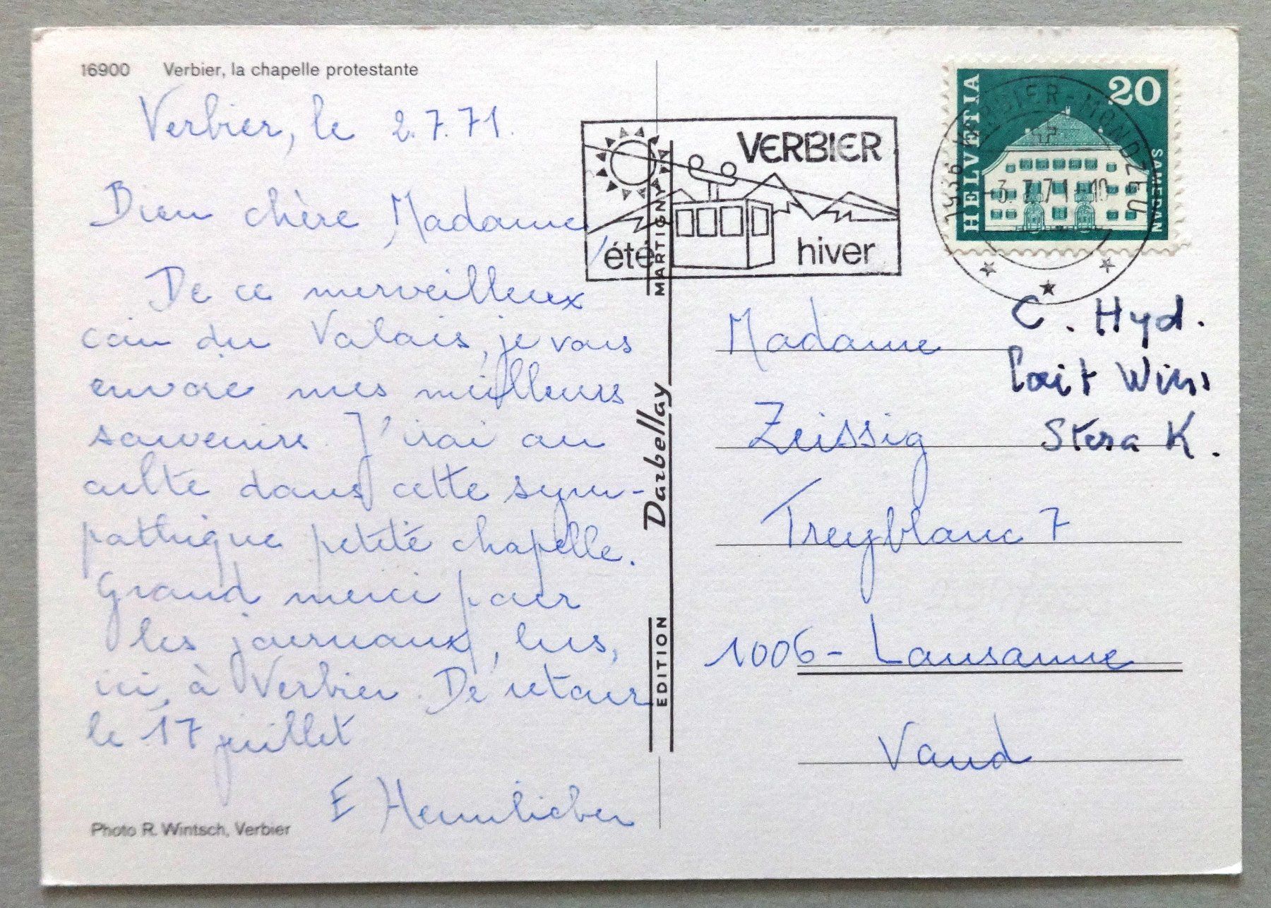 Cartoline postali: Verbier, la chapelle protestante – Usato da Fétigny venduto da Billy2miny 1