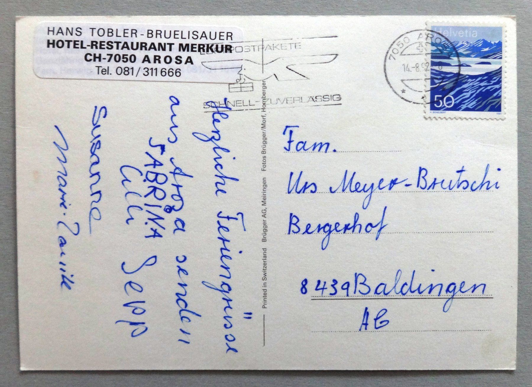 Cartoline postali: Hotel-Rest. Merkur, Arosa – Usato da Fétigny venduto da Billy2miny 1