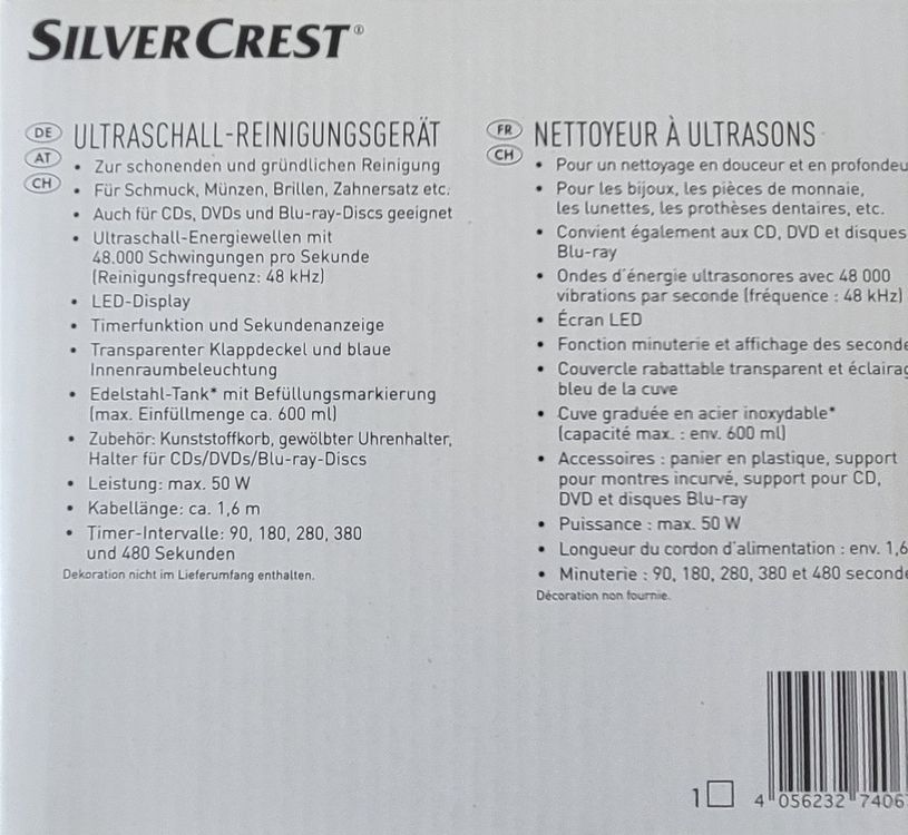 Ultraschall- Reinigungsgerät SilverCrest SUR 48 C4 | Kaufen auf Ricardo