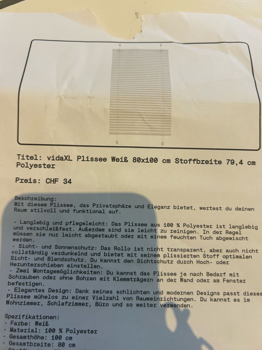 Tende da sole: Plisse neu weiss – Nuovo e nell'imballaggio originale da Niederried b. Kall venduto da NicoleS25 1