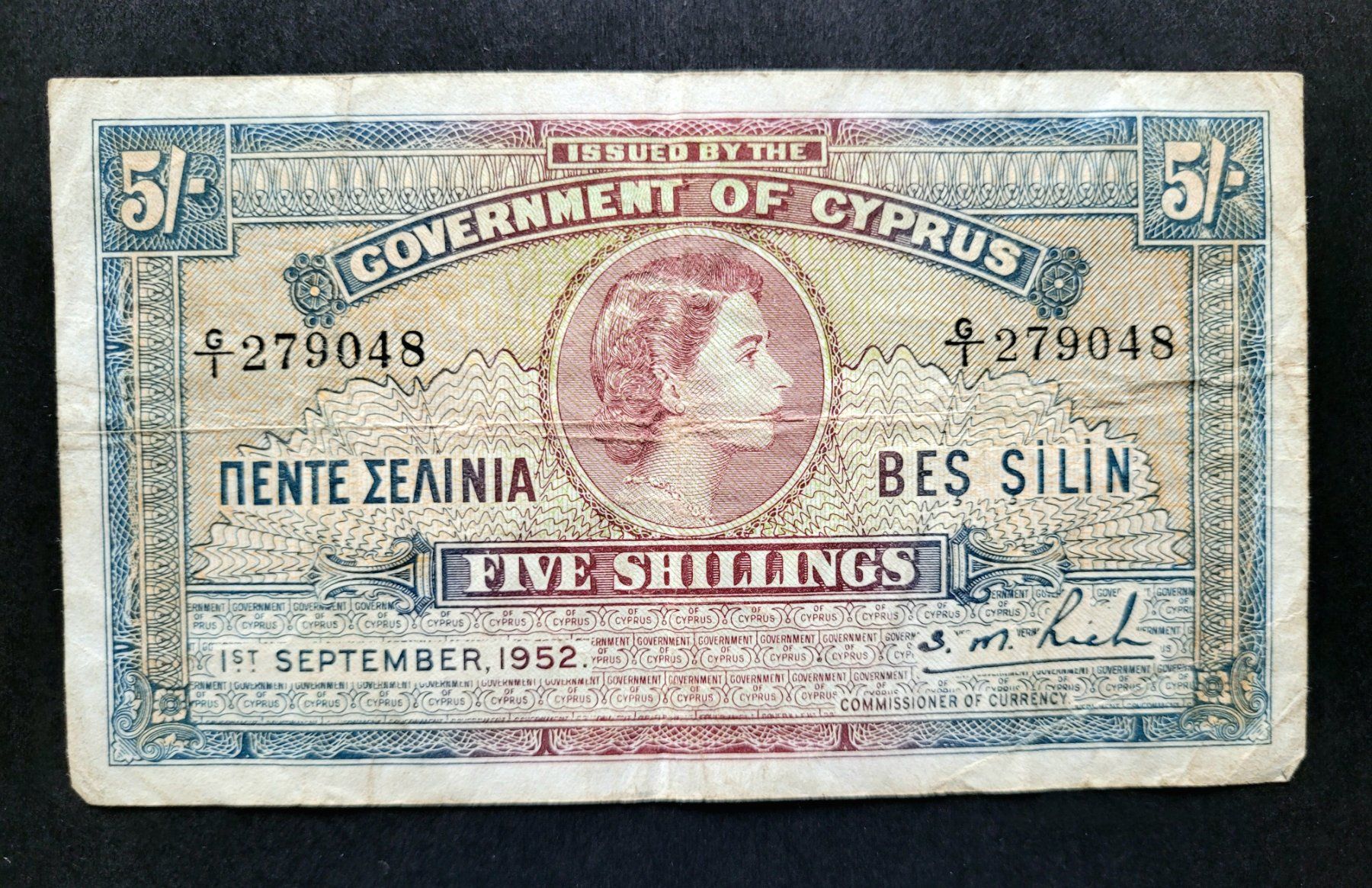 Banconote: Geldnote Five Shillings von Zypern 1952 – Usato da Schaffhausen venduto da robuco 1