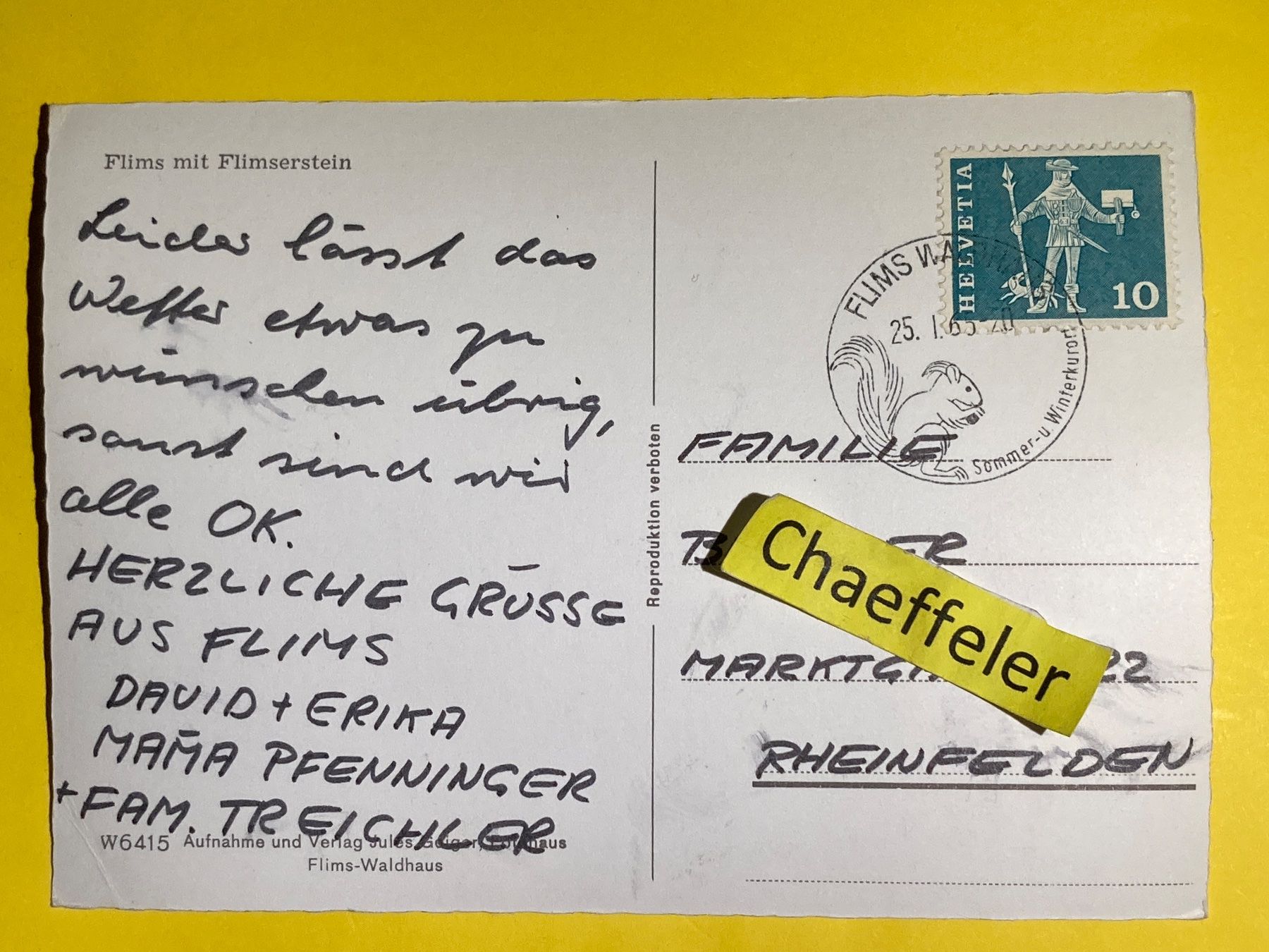 Cartoline postali: 1965 Flims mit Flimserstein – Usato da Zürich venduto da Chaeffeler 1