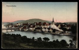 AK Diessenhofen, Ortsansicht am Fluss mit Brücke und Kirche