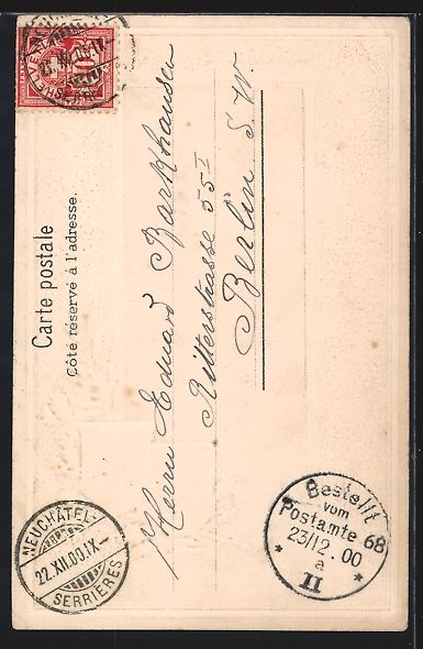 Cartoline postali: Litho Neuchâtel, Ortsansicht mit Wappen – Usato da Berlin venduto da bartko-reher 1