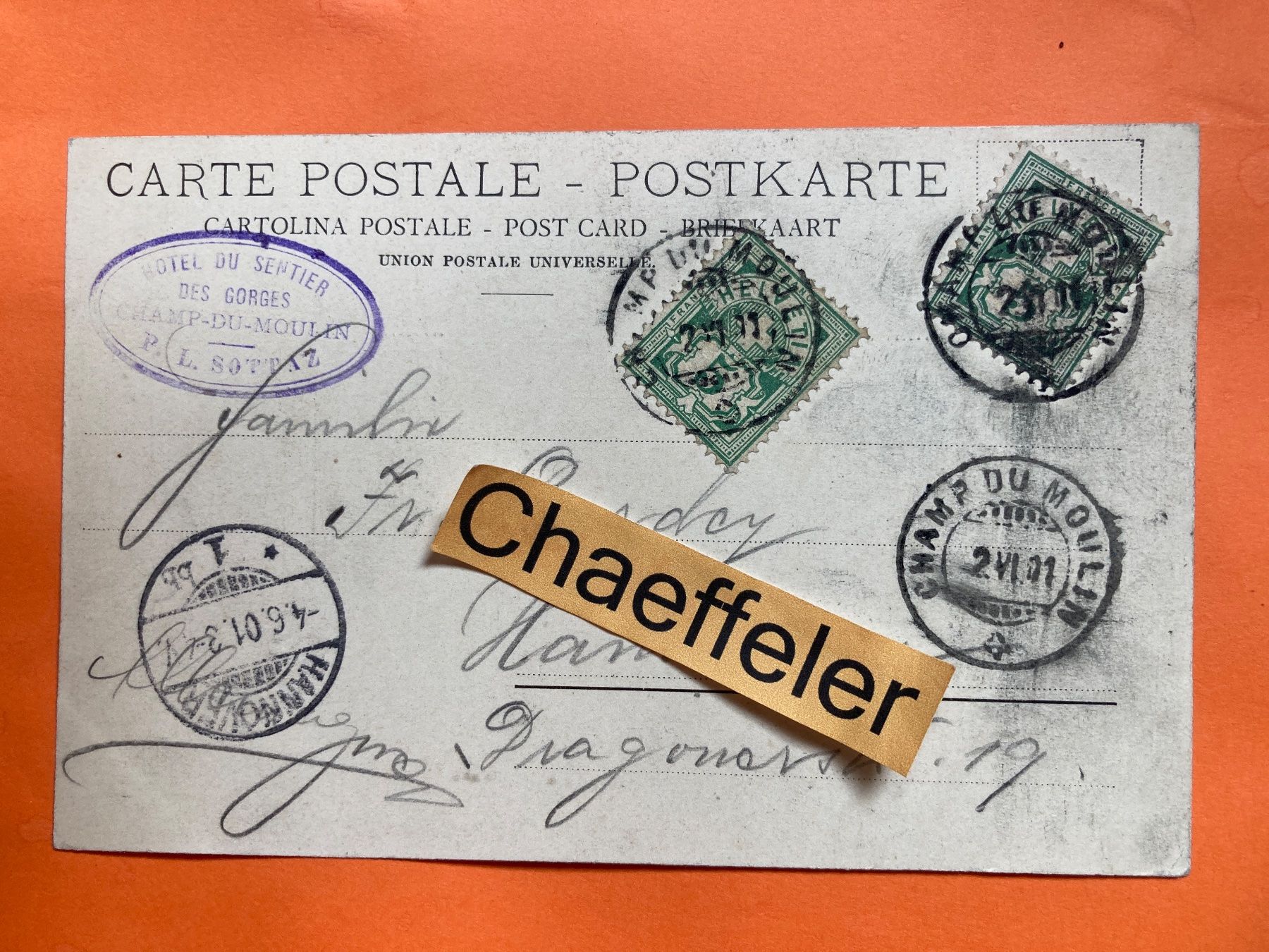 Cartoline postali: 1901. Champ-du-Moulin – Usato da Zürich venduto da Chaeffeler 1