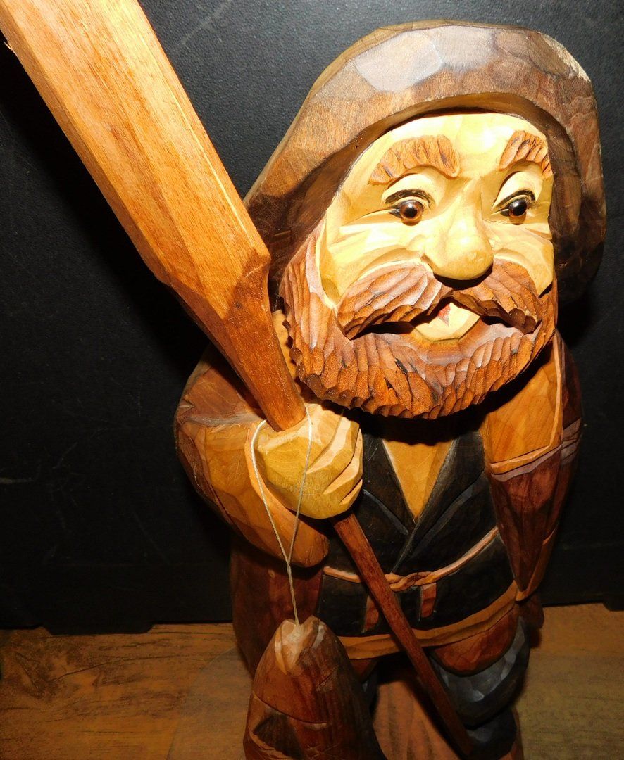 Statuette: Holzschnitzerei, Fischer, H 58 cm – Usato da Villnachern venduto da Schnugelchen 1