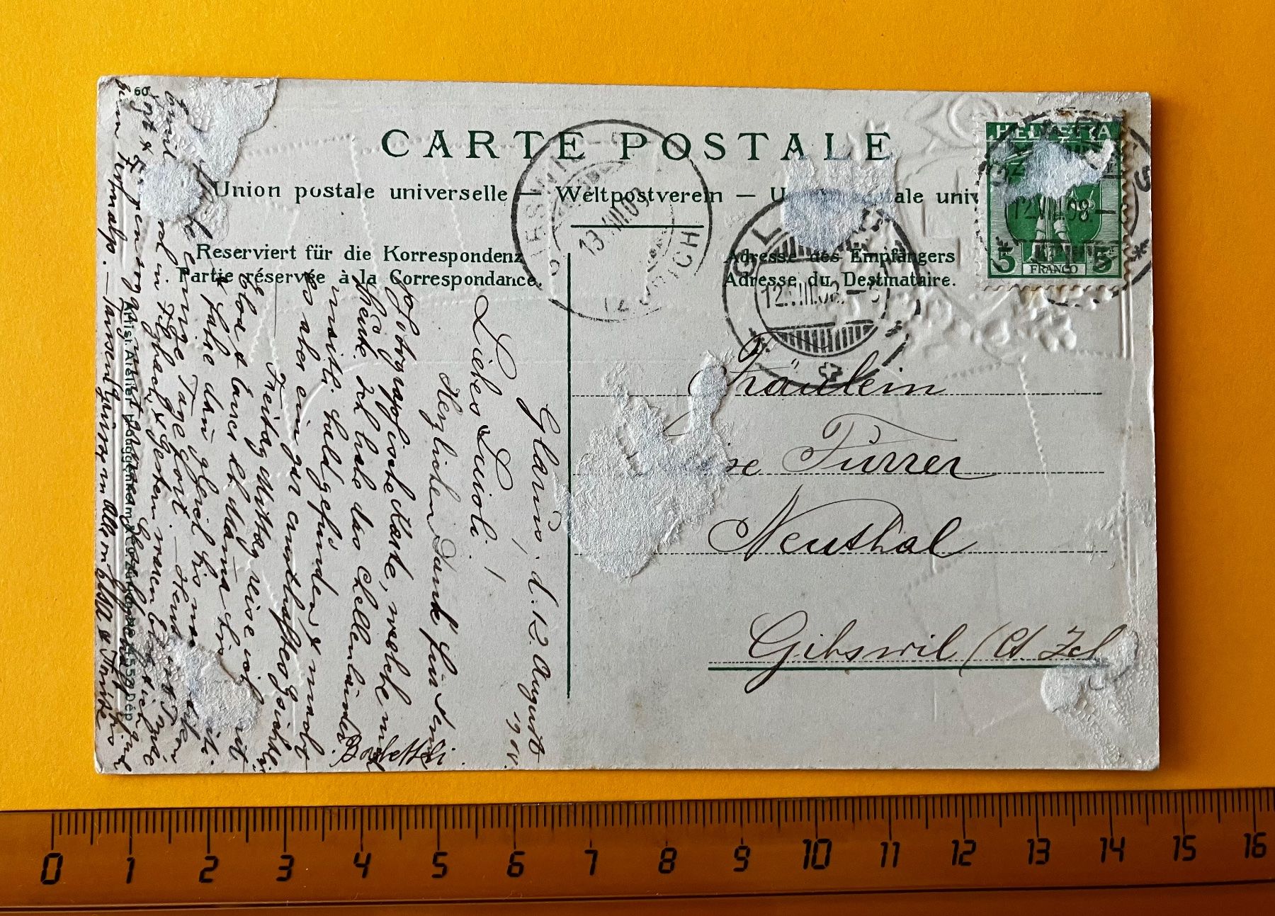 Cartoline postali: AK Glarus 1908 Beste Grüsse mit Briefmarken – Usato da Aarau venduto da luck123 1