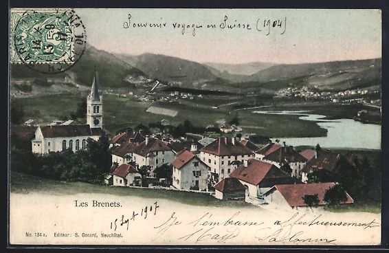 Cartoline postali: AK Les Brenets, Panorama mit Kirche – Usato da Berlin venduto da bartko-reher