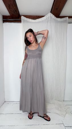 gray maxi dress with lace trim
