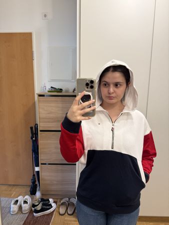 Sweatshirt à capuche color-block zippé blanc rouge taille M