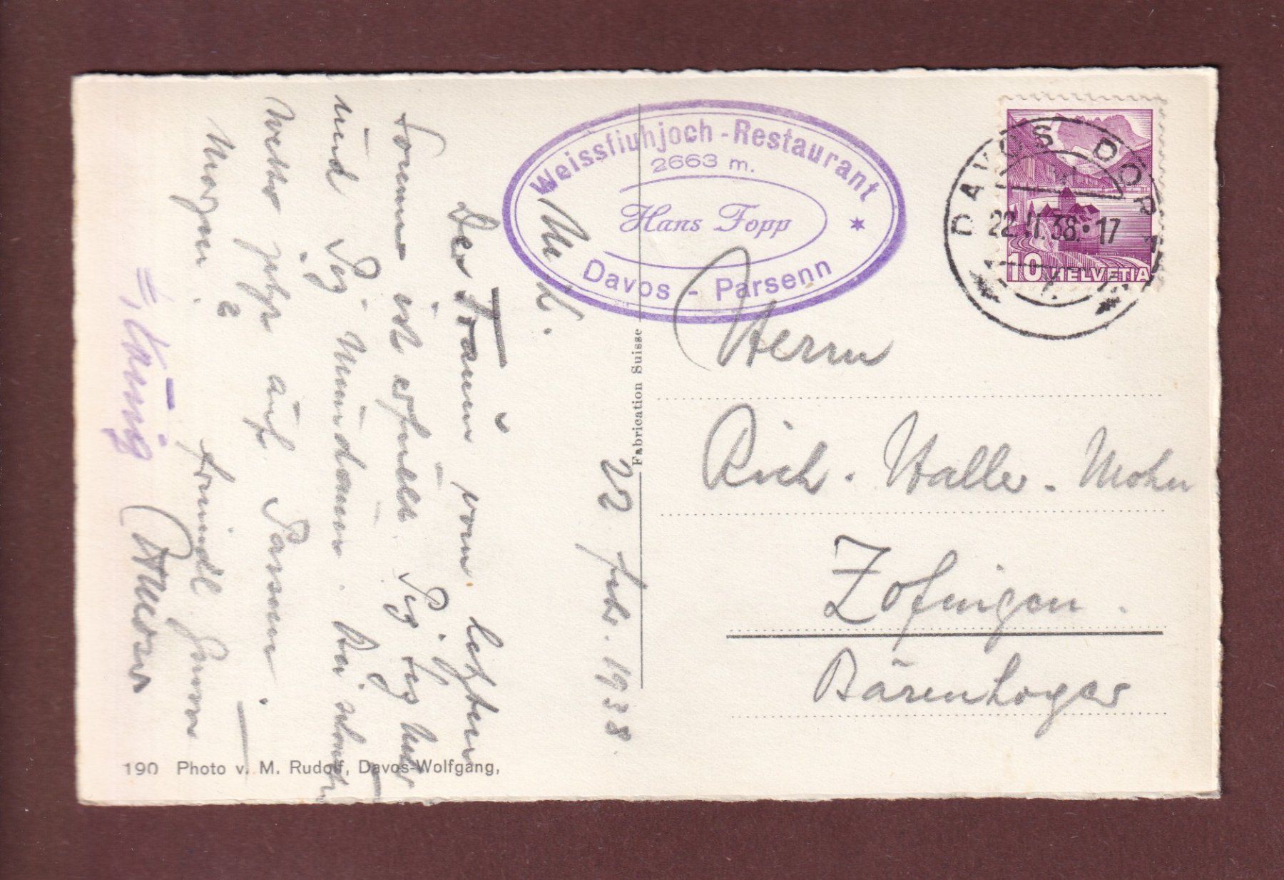 Cartoline postali: WEISSFLUH - Strelapass - 1938 – Usato da Pully venduto da nicecards-shop 1