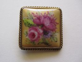 Broche ancienne carrée porcelaine peinte fleurs argent 800