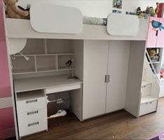 Etagenbett mit Schrank und Pult weiss Buche hell