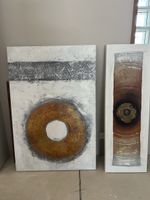 Set of 2 modern abstract paintings gold brown white