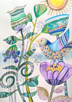 Original Aquarell Fantasie Vogel in seiner Welt naive Kunst