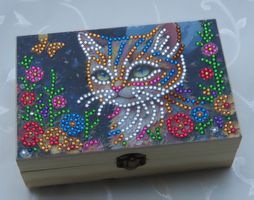 Boîte en bois chat peinture diamant