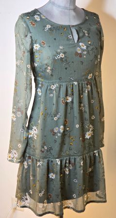 XS 34 CLOCKHOUSE florales Crinkle Kleid Chiffon Aermel grün