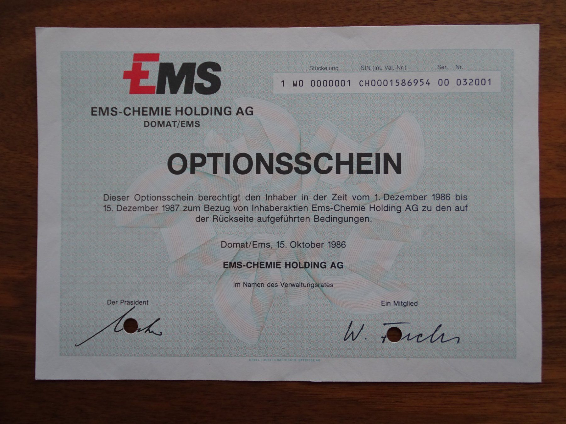 Documenti: Optionsschein EMS Chemie Holding – Usato da Schwyz venduto da schwyzch