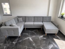 Sofa Ecksofa Stoffgrau mit Sofabezug Und zusätzliche Kissen
