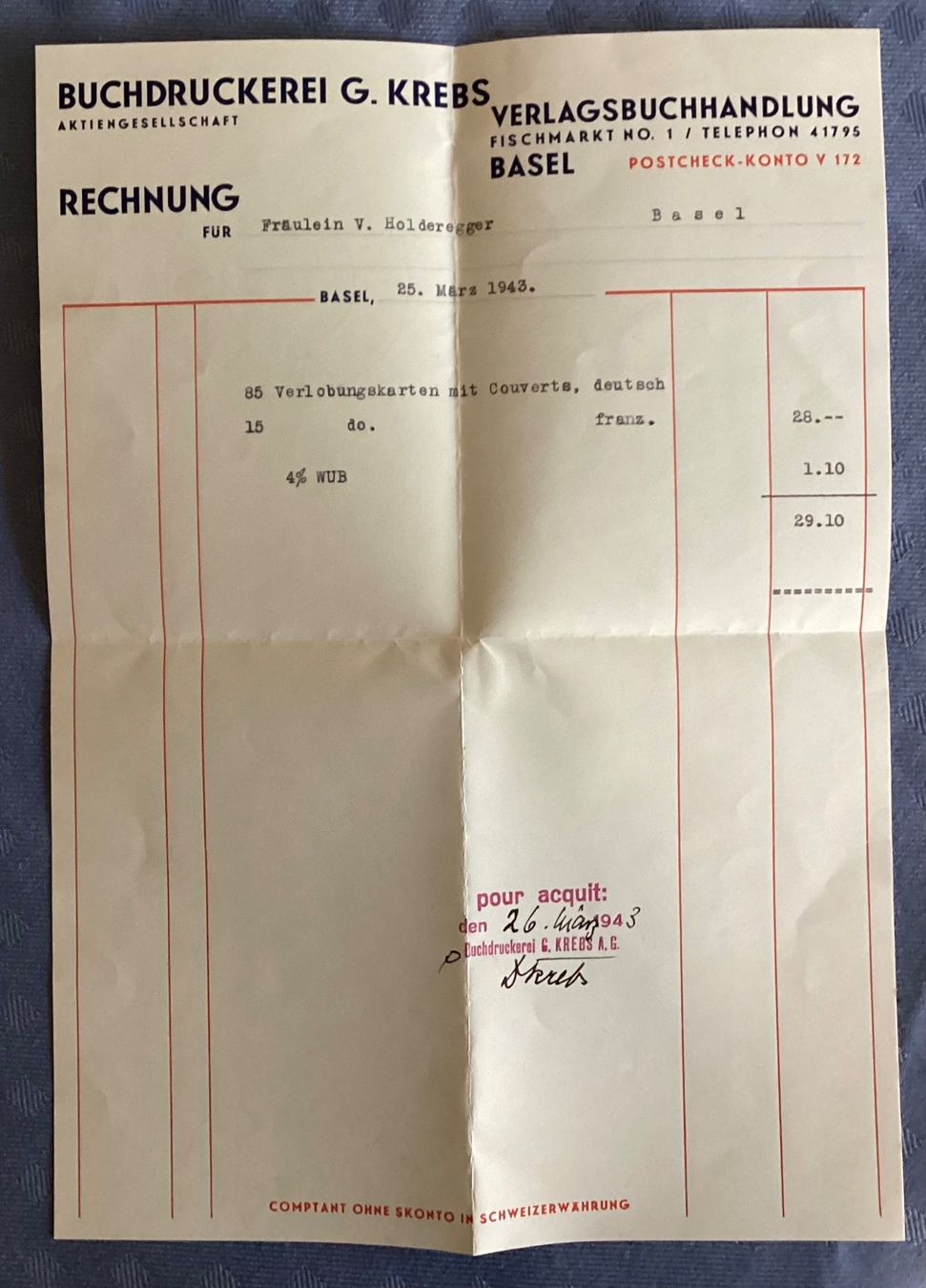 Documenti: Basel Rechnung Druckerei Krebs e – Usato da Reinach BL venduto da Linda013