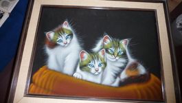 Katzenbild auf Stoff, gerahmt