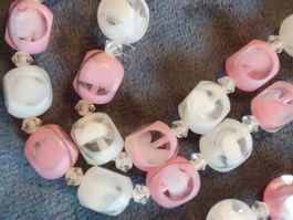 Antike Rosa Weisse Glas Halskette Collier, Tschechien 30er