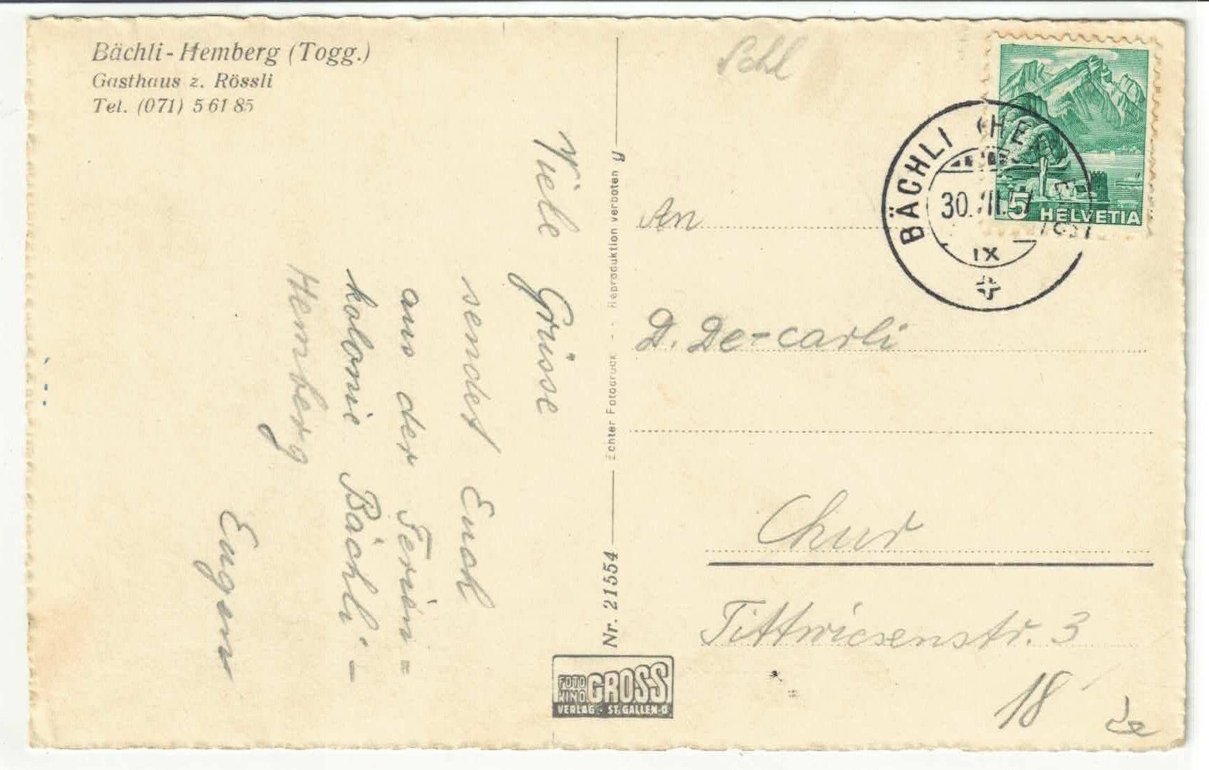 Cartoline postali: Bächli-Hemberg - Gasthaus z. Rössli – Usato da Ettingen venduto da Kartenplanet 1