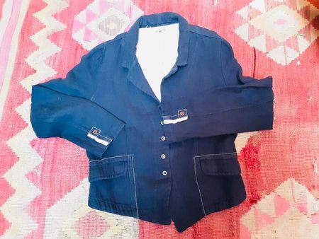Adorable veste redingote JAYKO bleu et blanc, Lagenlook, 44