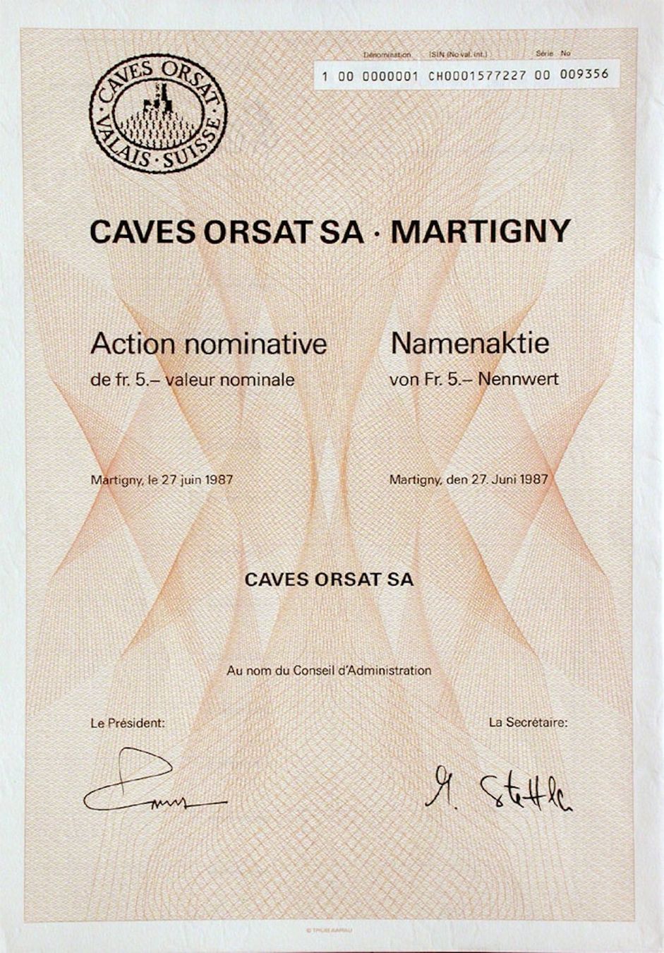 Documenti: Caves Orsat SA, Martigny - 1987 – Usato da Solothurn venduto da Sgasche