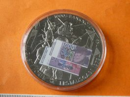 versilberte Medaille PP 50 mm, 1000 Frankennote  1978