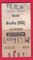 KARTON BILLETT, ZÜRICH - BUCHS(SG), HALBTAX, 2.KLASSE, RETOU