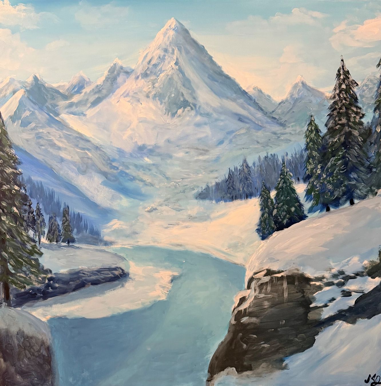 Dipinti: Winter Bergpanorama Gemälde, Handgemalt, 100x100 cm – Nuovo e nell'imballaggio originale da Pfäffikon SZ venduto da Andrei_Moro_Kunst