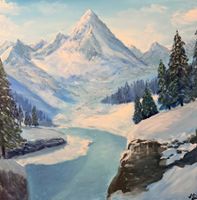 Winter Bergpanorama Gemälde, Handgemalt, 100x100 cm