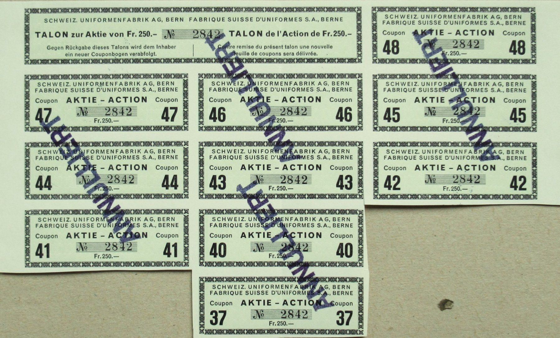 Documenti: original 2 SCHWEIZERISCHE UNIFORMENFARBIK AG Bern 1921 – Usato da Lohn-Ammannsegg venduto da rrrikko 7