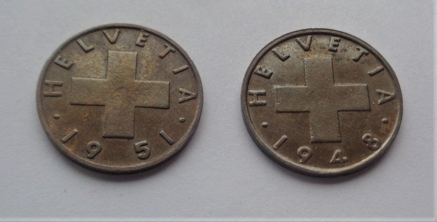Tutti le monete: 2 x 2 Rappen Schweiz 1948 / 1951 – Usato da Kriens venduto da TSCH1 1