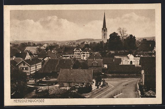 Cartoline postali: Herzogenbuchsee, Totalansicht mit Kirche – Usato da Berlin venduto da bartko-reher