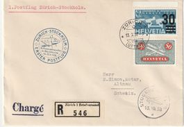 1938, gute Frankatur auf Beleg v. 1. Postflug ZH-Stockholm