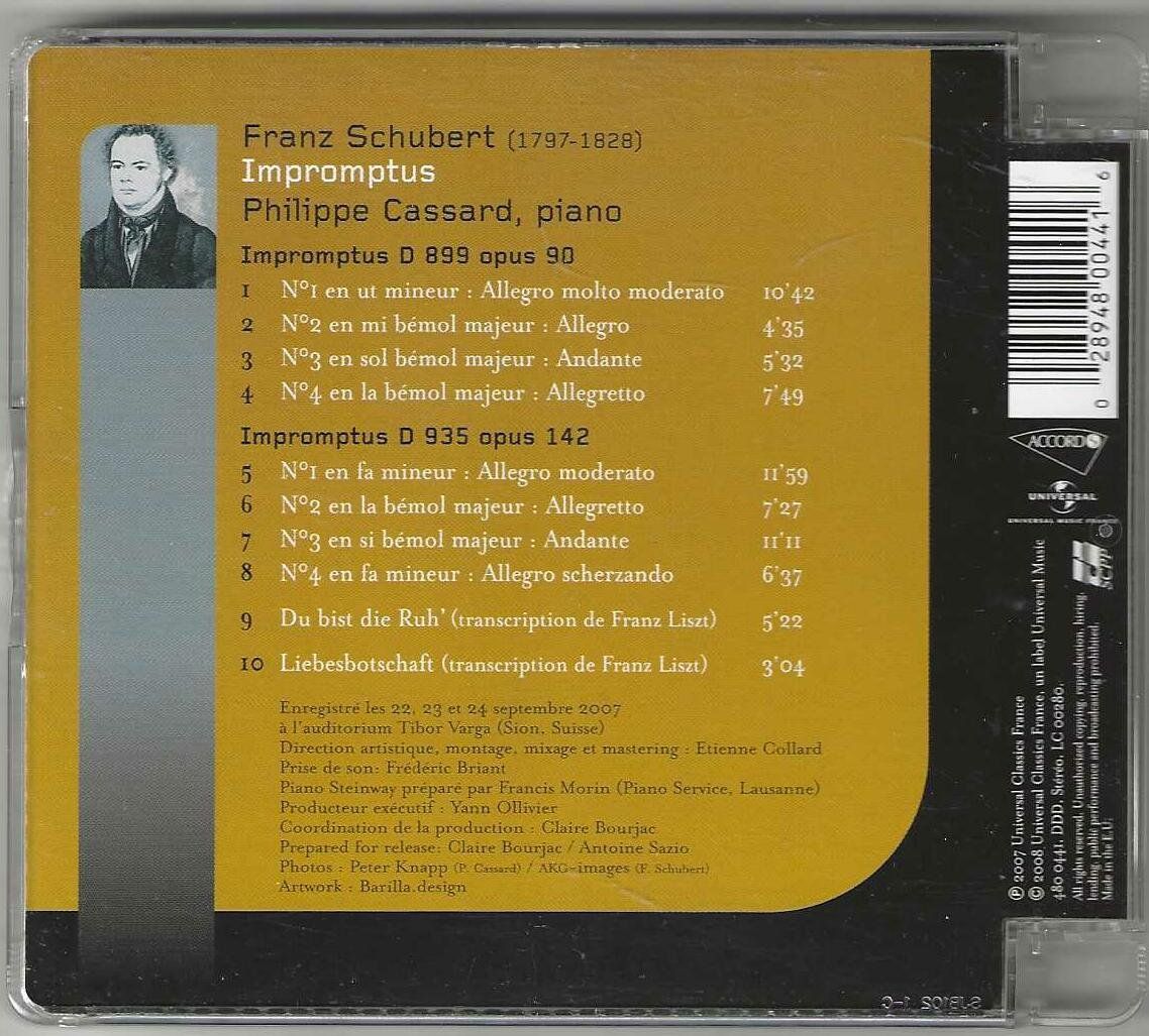 CD: Franz Schubert - Philippe Cassard – Impromptus – Usato da Genève venduto da CDLPBookS 1